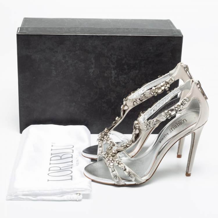 Pre Owned Loriblu Bijoux Silver Satin Crystal Floral Embellished Studded Sandals Size 37.5