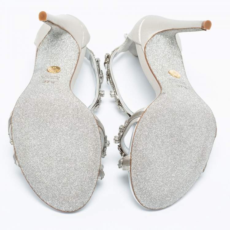 Pre Owned Loriblu Bijoux Silver Satin Crystal Floral Embellished Studded Sandals Size 37.5