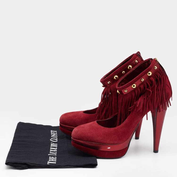 Pre Owned Loriblu Red Suede Fringe Platform Ankle Strap Pumps Size 40