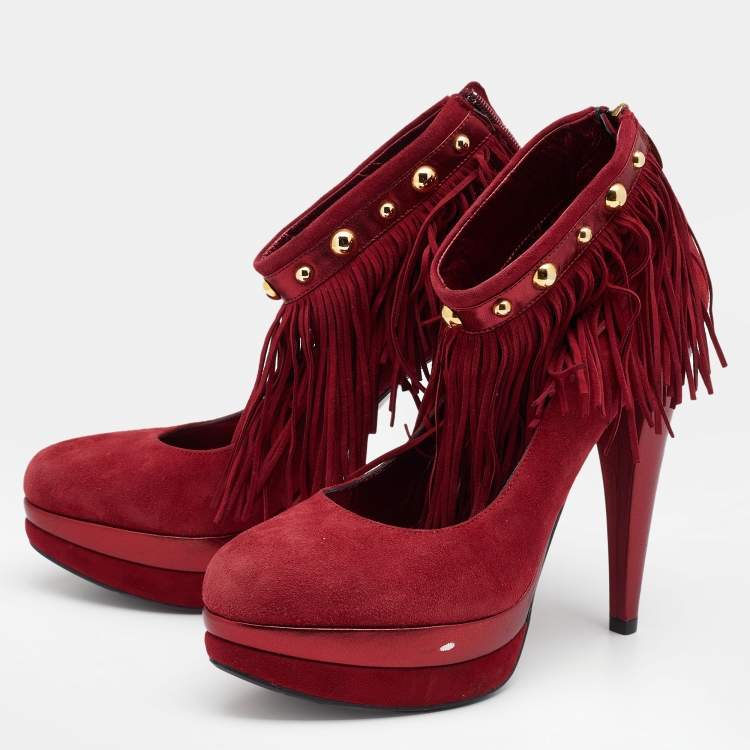 Pre Owned Loriblu Red Suede Fringe Platform Ankle Strap Pumps Size 40