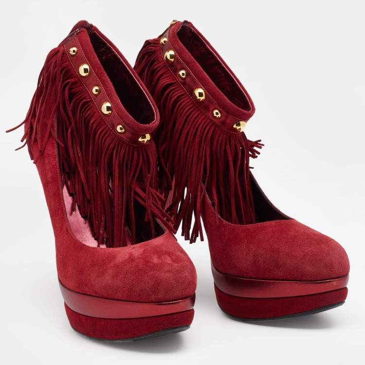 Pre Owned Loriblu Red Suede Fringe Platform Ankle Strap Pumps Size 40
