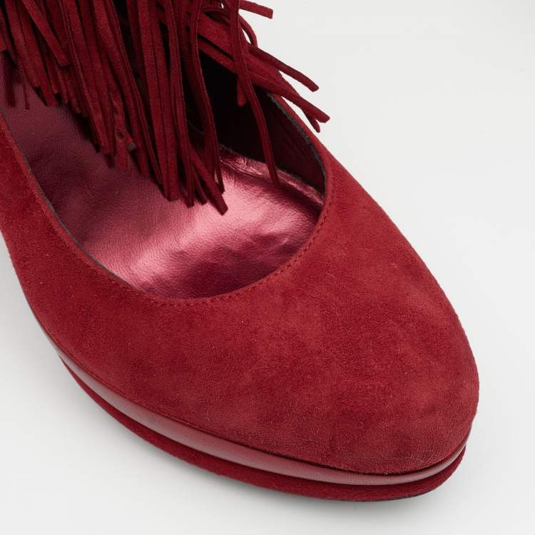 Pre Owned Loriblu Red Suede Fringe Platform Ankle Strap Pumps Size 40