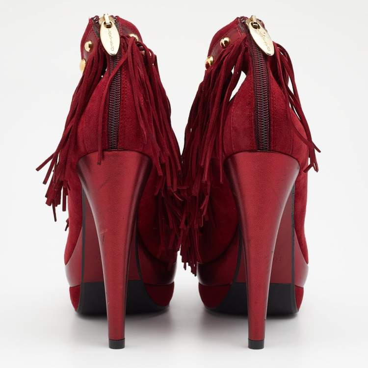 Pre Owned Loriblu Red Suede Fringe Platform Ankle Strap Pumps Size 40