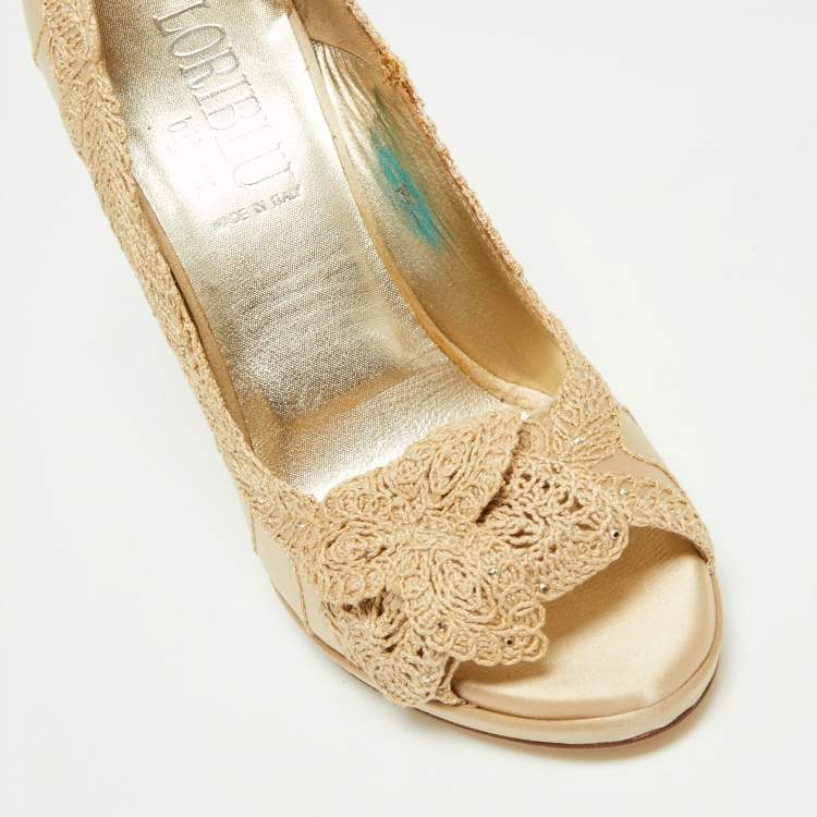 Pre Owned Loriblu Beige Satin And Lace Embroidered Peep Toe Pumps Size 36
