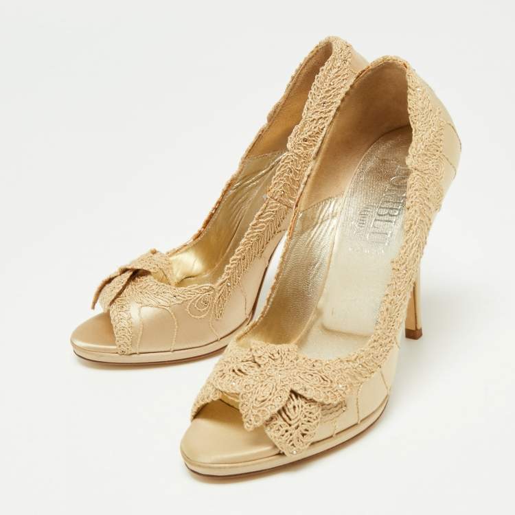 Pre Owned Loriblu Beige Satin And Lace Embroidered Peep Toe Pumps Size 36