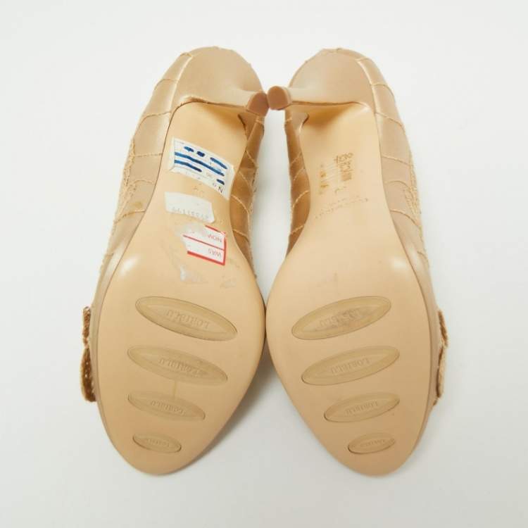 Pre Owned Loriblu Beige Satin And Lace Embroidered Peep Toe Pumps Size 36