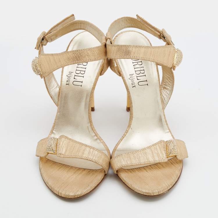 Pre Owned Loriblu Metallic Gold Leather Crystal Embellished Ankle Strap Sandals Size 38