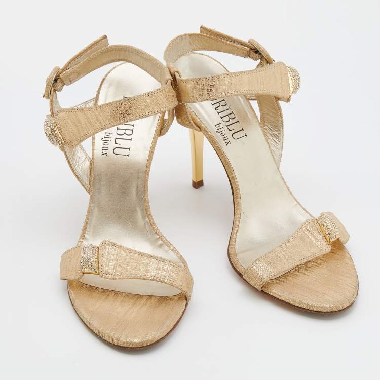 Pre Owned Loriblu Metallic Gold Leather Crystal Embellished Ankle Strap Sandals Size 38