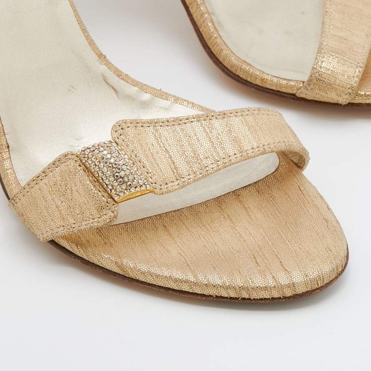 Pre Owned Loriblu Metallic Gold Leather Crystal Embellished Ankle Strap Sandals Size 38
