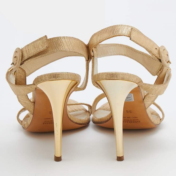 Pre Owned Loriblu Metallic Gold Leather Crystal Embellished Ankle Strap Sandals Size 38