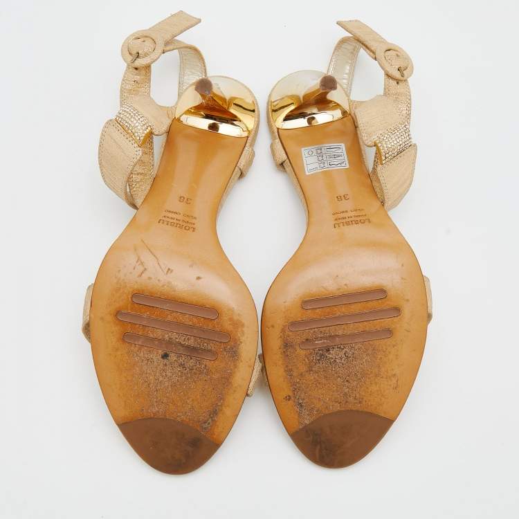 Pre Owned Loriblu Metallic Gold Leather Crystal Embellished Ankle Strap Sandals Size 38