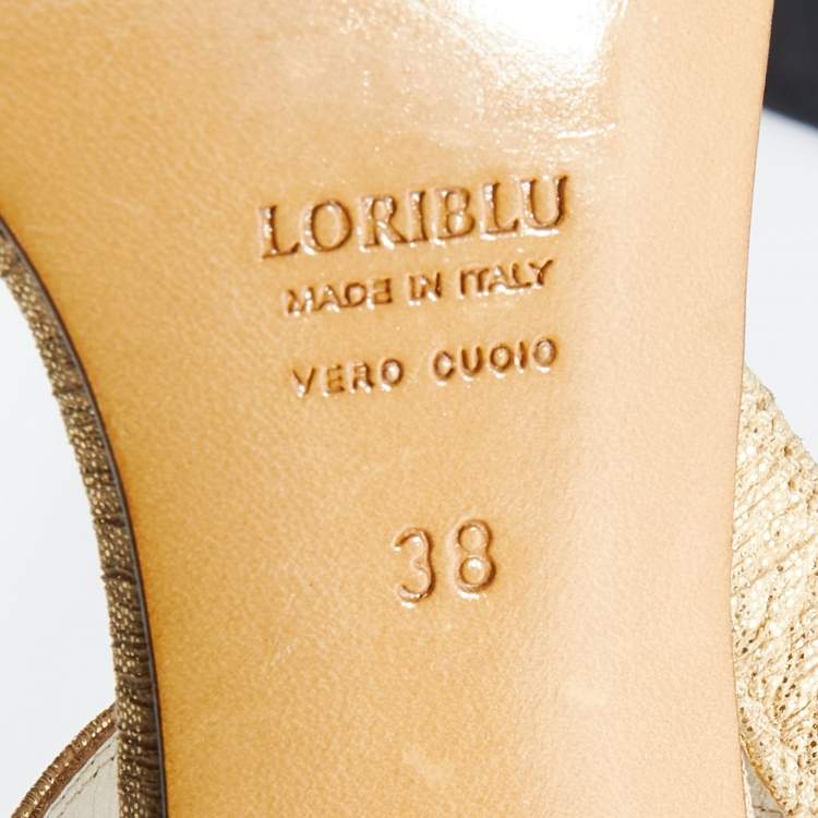 Pre Owned Loriblu Metallic Gold Leather Crystal Embellished Ankle Strap Sandals Size 38