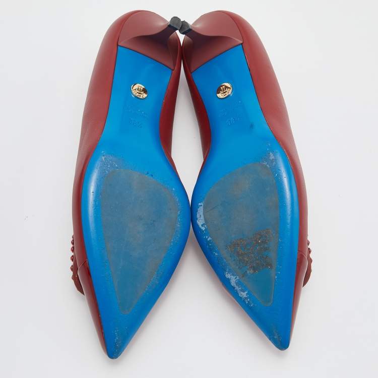 Pre Owned Loriblu Dark Red Leather Pointed Toe Crystal Embellished Pumps Size 38.5