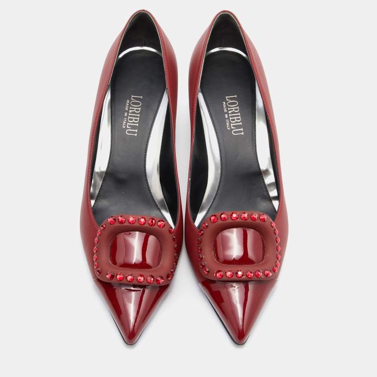Pre Owned Loriblu Dark Red Leather Pointed Toe Crystal Embellished Pumps Size 38.5