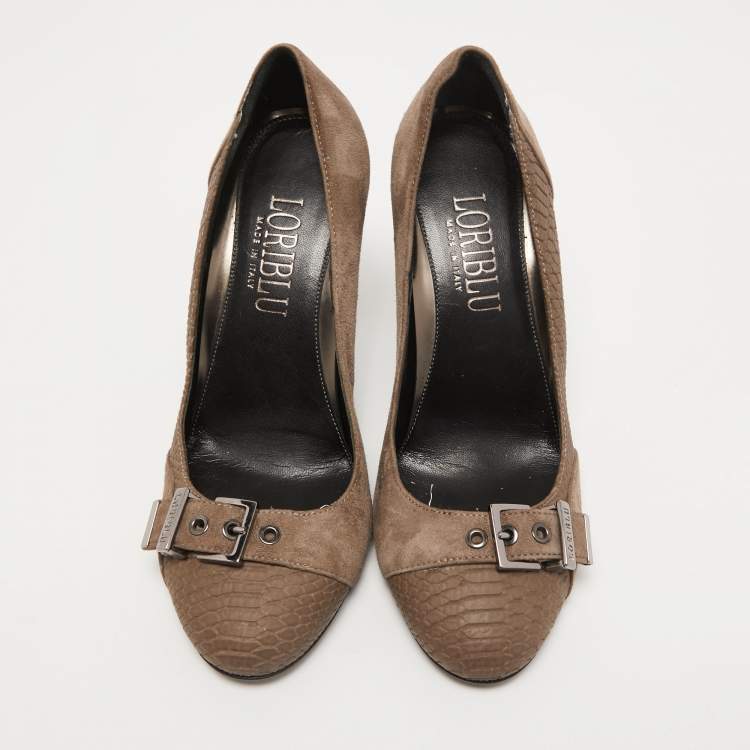 Pre Owned Loriblu Brown Suede and Embossed Python Pumps Size 37.5