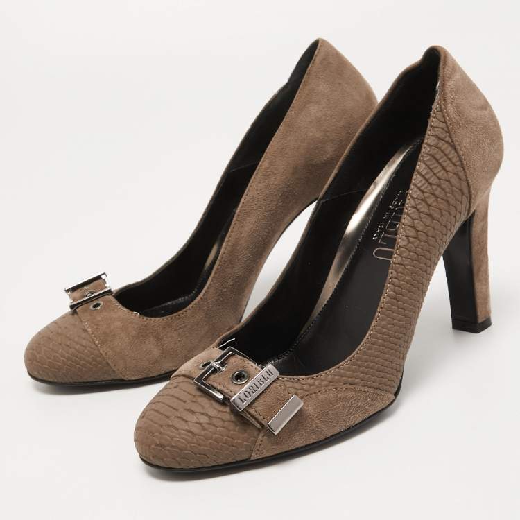 Pre Owned Loriblu Brown Suede and Embossed Python Pumps Size 37.5