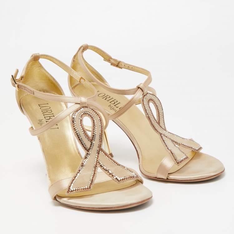 Pre Owned Loriblu Beige Satin Crystal Ankle Strap Sandals Size 38