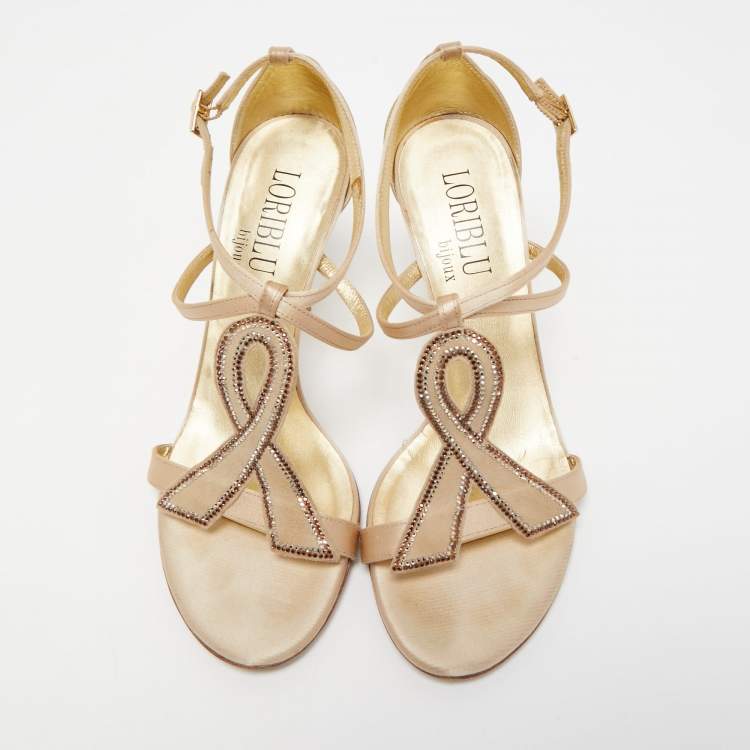Pre Owned Loriblu Beige Satin Crystal Ankle Strap Sandals Size 38