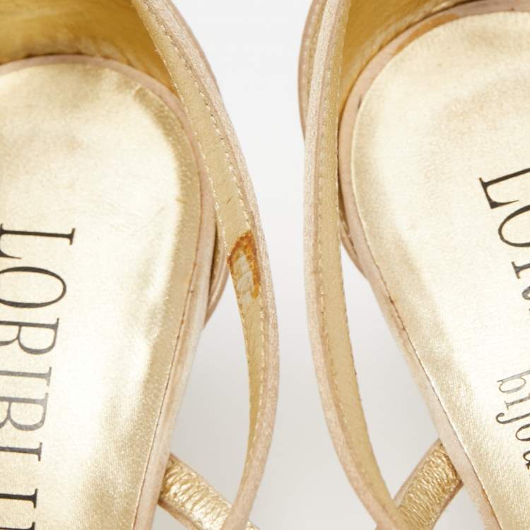 Pre Owned Loriblu Beige Satin Crystal Ankle Strap Sandals Size 38