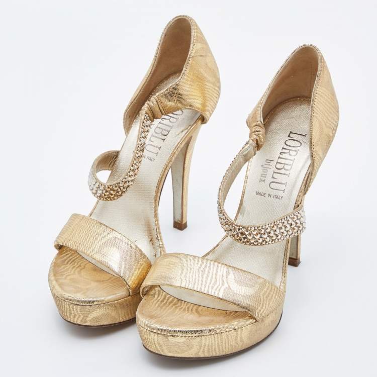 Pre Owned Loriblu Gold Lurex Fabric Crystal Embellished Open Toe Platform Sandals Size 36.5