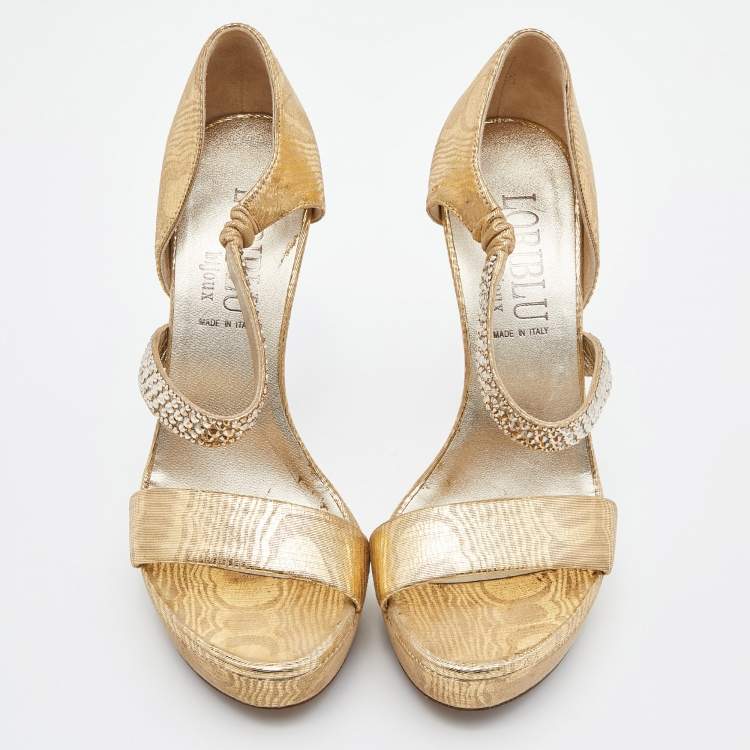 Pre Owned Loriblu Gold Lurex Fabric Crystal Embellished Open Toe Platform Sandals Size 36.5