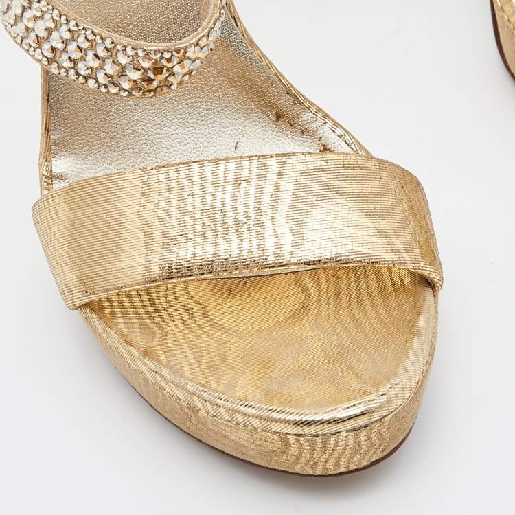 Pre Owned Loriblu Gold Lurex Fabric Crystal Embellished Open Toe Platform Sandals Size 36.5