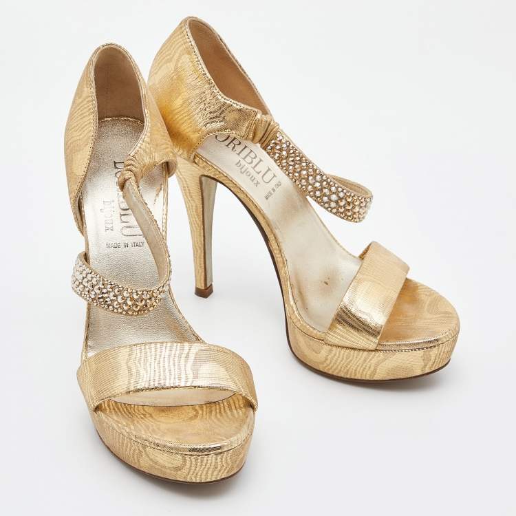 Pre Owned Loriblu Gold Lurex Fabric Crystal Embellished Open Toe Platform Sandals Size 36.5