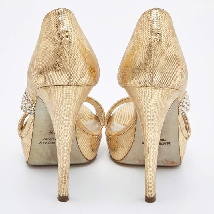 Pre Owned Loriblu Gold Lurex Fabric Crystal Embellished Open Toe Platform Sandals Size 36.5