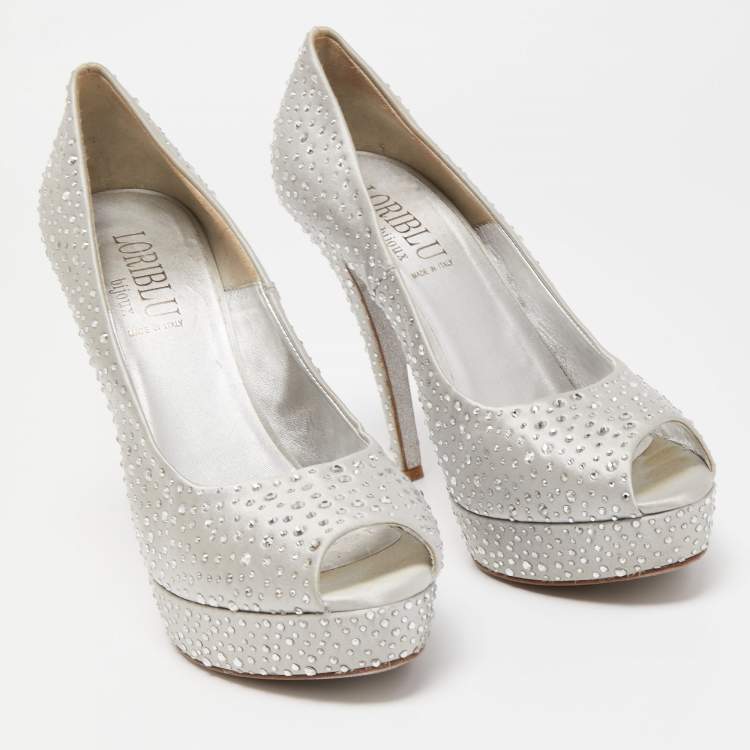 Pre Owned Loriblu Silver Satin Crystal Embellished Peep Toe Platform Pumps Size 40