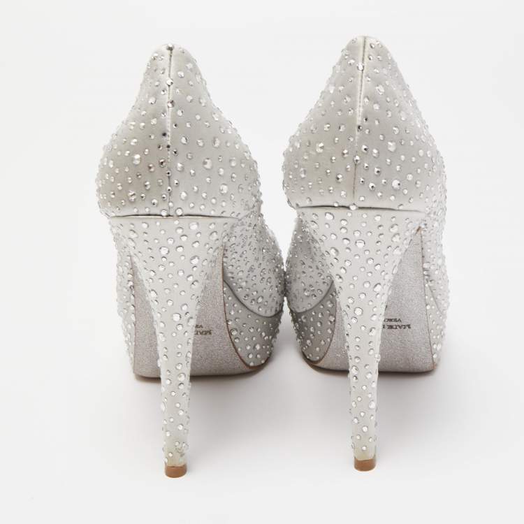 Pre Owned Loriblu Silver Satin Crystal Embellished Peep Toe Platform Pumps Size 40