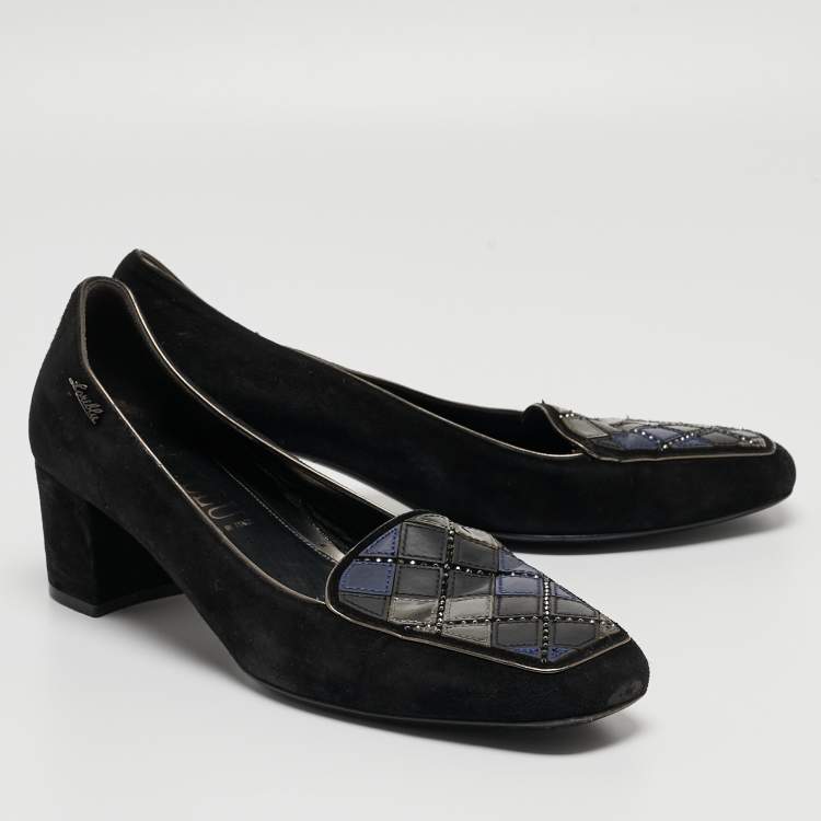 Pre Owned Loriblu Black Suede Block Heel Loafer Pumps Size 39
