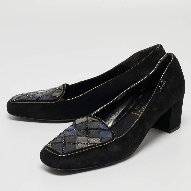 Pre Owned Loriblu Black Suede Block Heel Loafer Pumps Size 39
