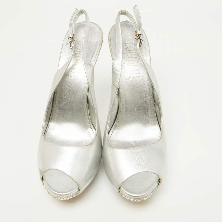 Pre Owned Loriblu Metallic Silver Leather Crystal Embellished Slingback Platform Pumps Size 39.5
