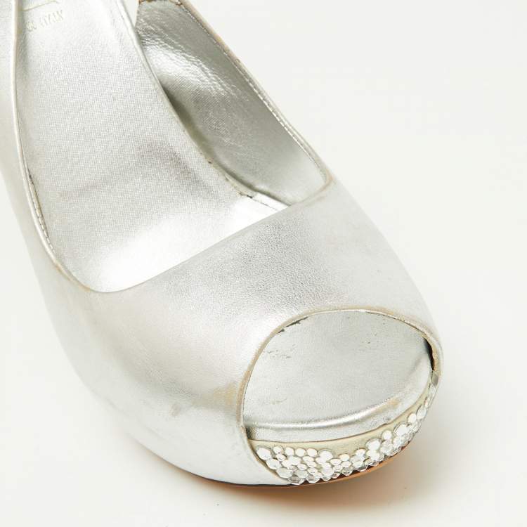Pre Owned Loriblu Metallic Silver Leather Crystal Embellished Slingback Platform Pumps Size 39.5