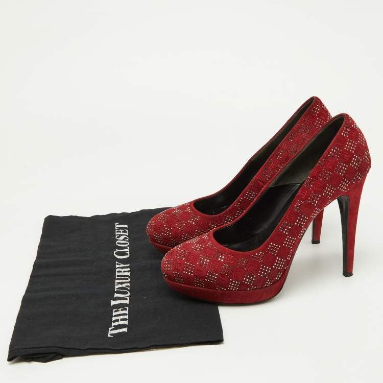 Pre Owned Loriblu Red Suede Crystal Embellished Platform Pumps Size 38