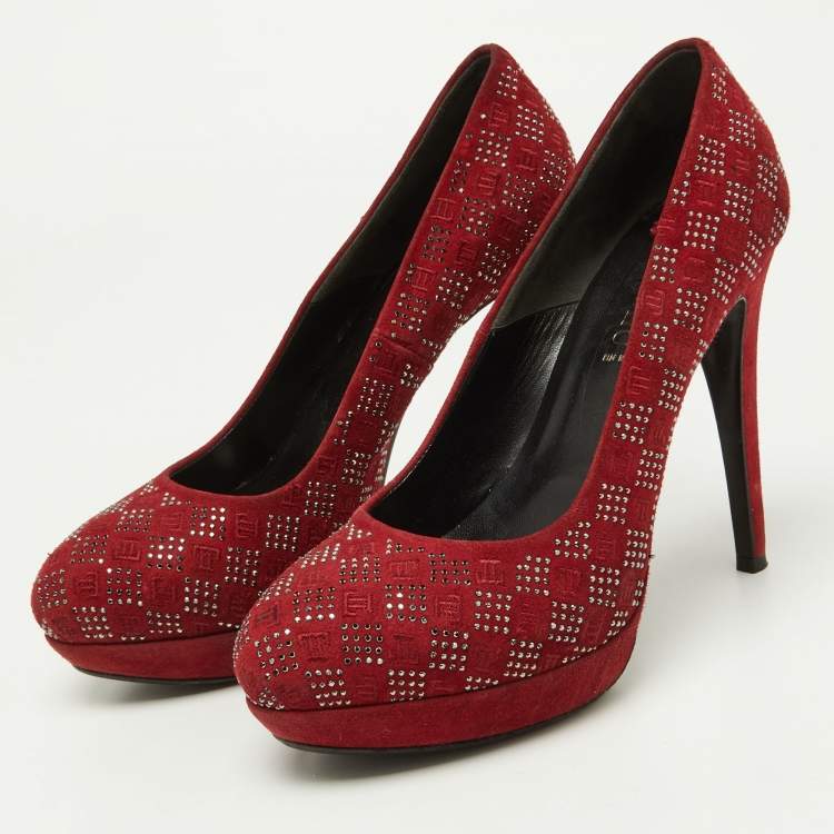 Pre Owned Loriblu Red Suede Crystal Embellished Platform Pumps Size 38