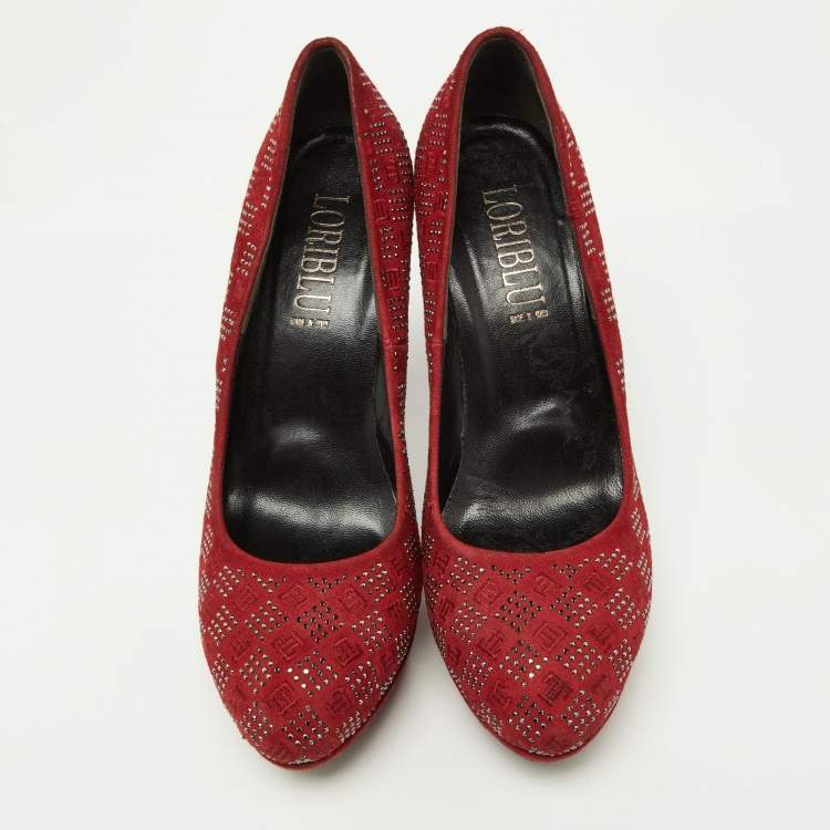 Pre Owned Loriblu Red Suede Crystal Embellished Platform Pumps Size 38