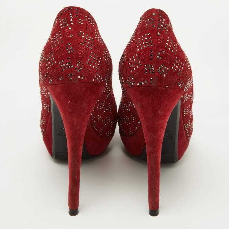 Pre Owned Loriblu Red Suede Crystal Embellished Platform Pumps Size 38