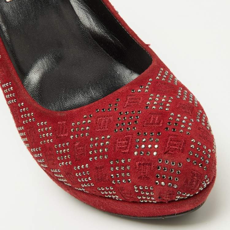 Pre Owned Loriblu Red Suede Crystal Embellished Platform Pumps Size 38