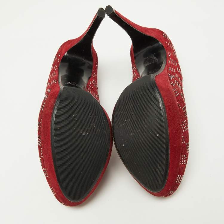 Pre Owned Loriblu Red Suede Crystal Embellished Platform Pumps Size 38