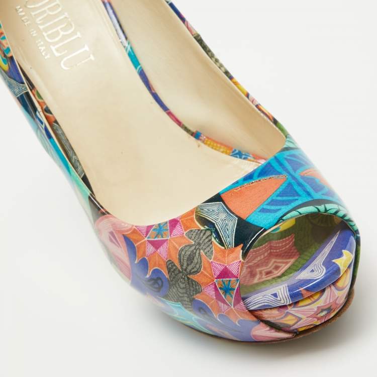 Pre Owned Loriblu Multicolor Patent Leather Peep Toe Platform Pumps Size 37.5