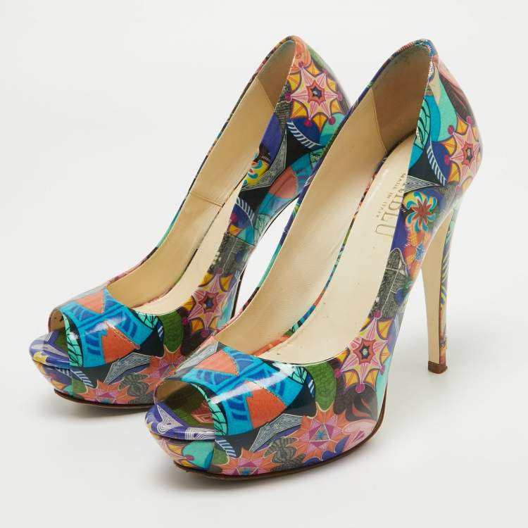 Pre Owned Loriblu Multicolor Patent Leather Peep Toe Platform Pumps Size 37.5