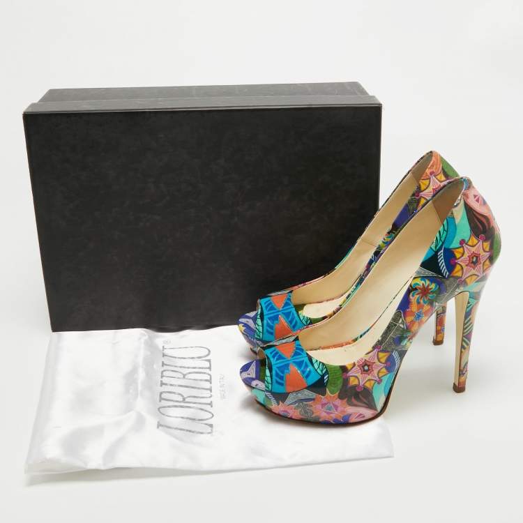 Pre Owned Loriblu Multicolor Patent Leather Peep Toe Platform Pumps Size 37.5