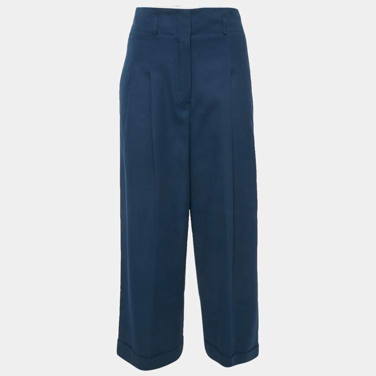 مملوكة مسبقًا Loro Piana Blue Cotton Pleated Wide Leg Trousers S