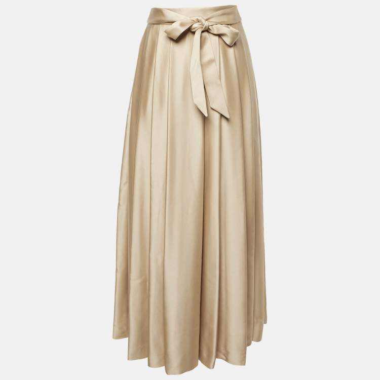 Pre Owned Loro Piana Beige Silk Satin Pleated Long Skirt S