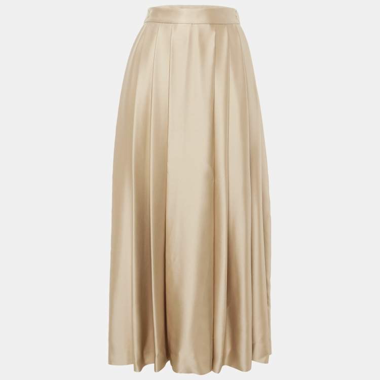 Pre Owned Loro Piana Beige Silk Satin Pleated Long Skirt S