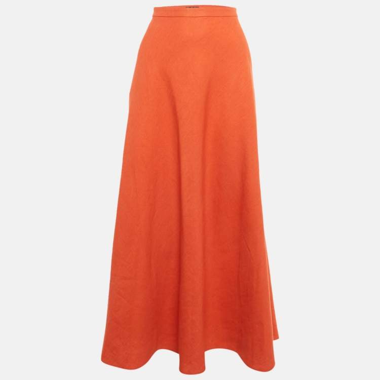 Pre Owned Loro Piana Red Linen Flared Midi Skirt M