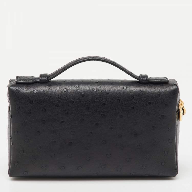 Pre Owned Loro Piana Black Ostrich Leather Extra Pocket L19 Pouch