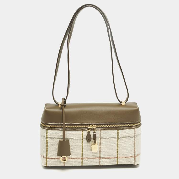 Pre Owned Loro Piana Extra L27 Tartan/Salty Capers/Sun Gold Linen and Leather Shoulder Bag