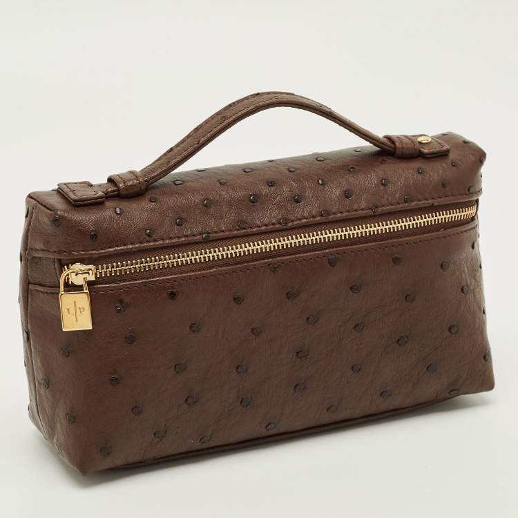 Pre Owned Loro Piana L19 Brown Ostrich Zip Pouch